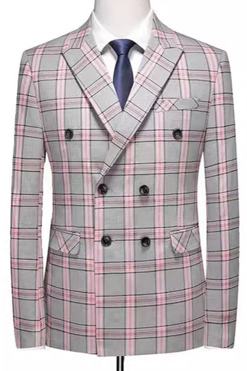 Pinkish Gray Plaid 2 Pieces Peak Lapel Men's Prom Suits